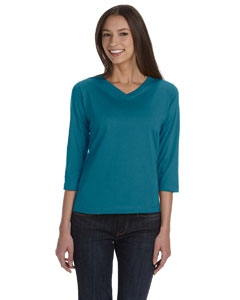 LAT 3577 Ladies&#39; Combed Ringspun Jersey V-Neck 3/4-Sleeve T-Shirt