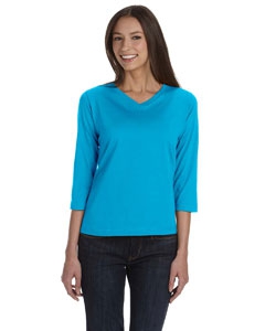 LAT 3577 Ladies&#39; Combed Ringspun Jersey V-Neck 3/4-Sleeve T-Shirt